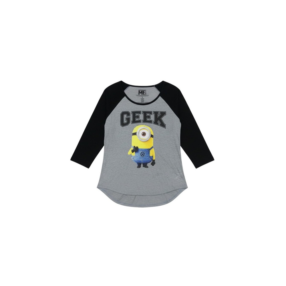 Despicable Me Raglan Top Juniors Large Gray Geek Minion 3/4 Sleeve Shirt
